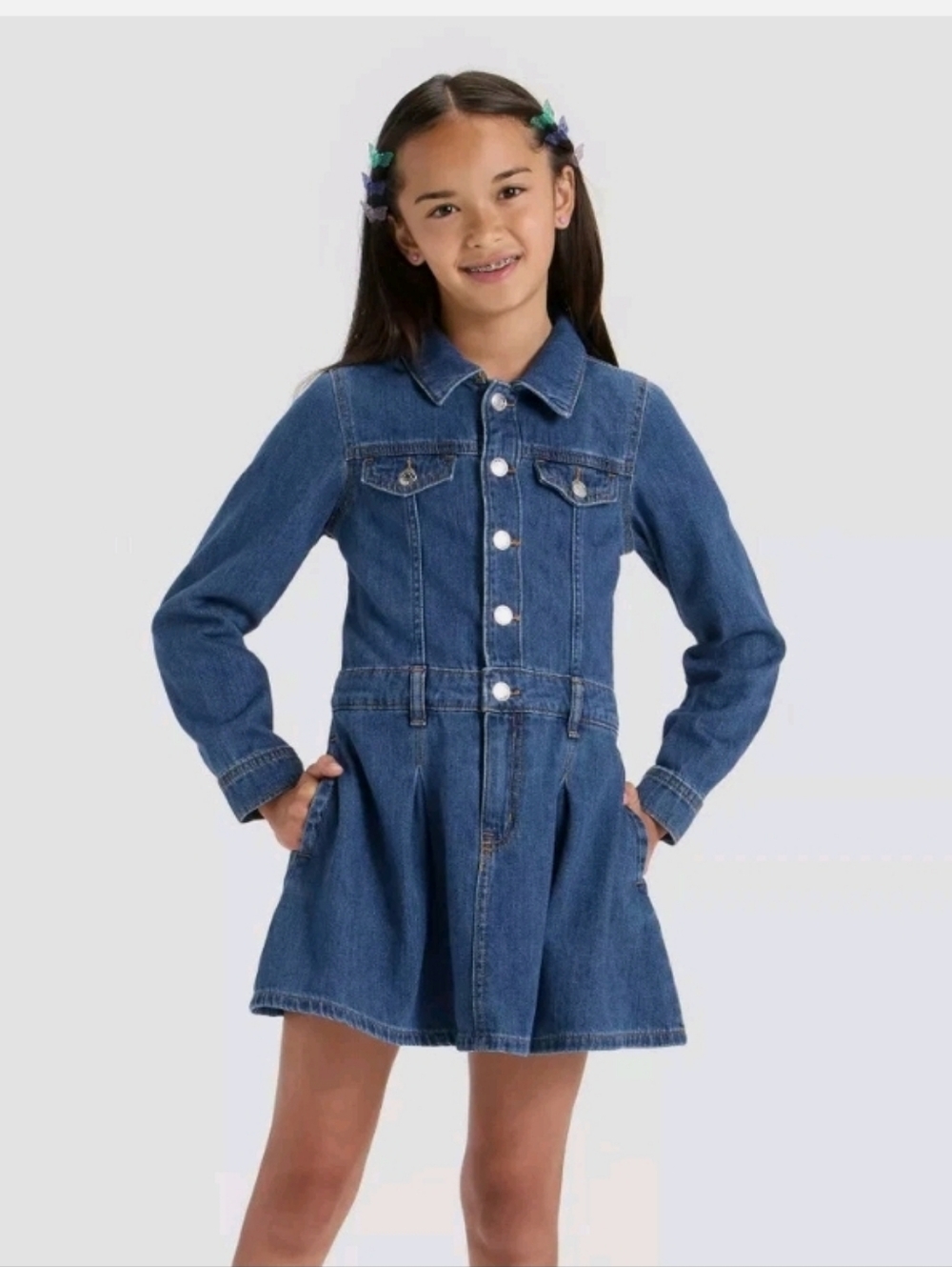 Cat & Jack Girls' Long Sleeve Dark Wash Denim Jean Dress